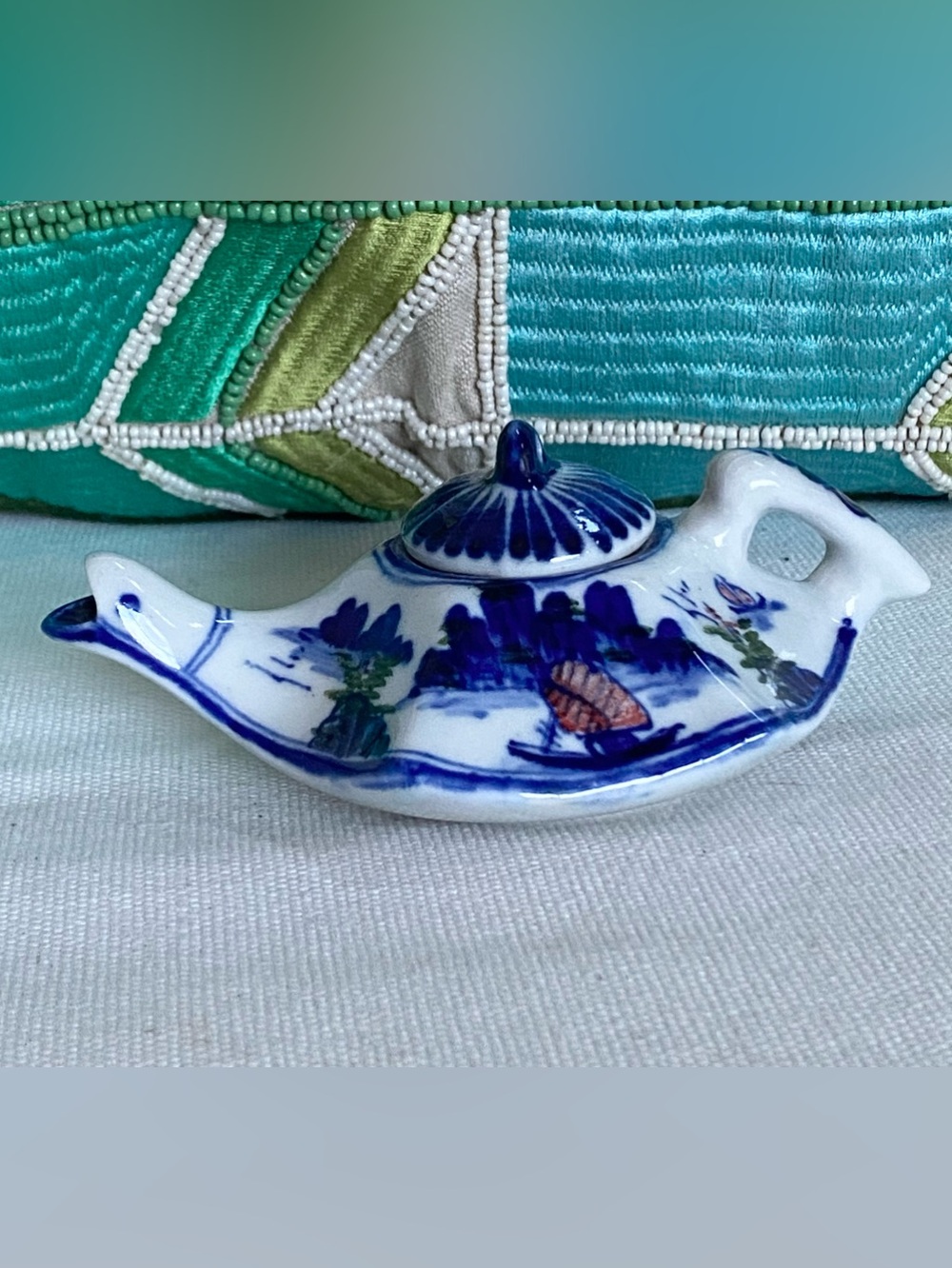 VTG Vietnamese Blue & White Porcelain Miniature Teapot Aladdin Genie Landscape